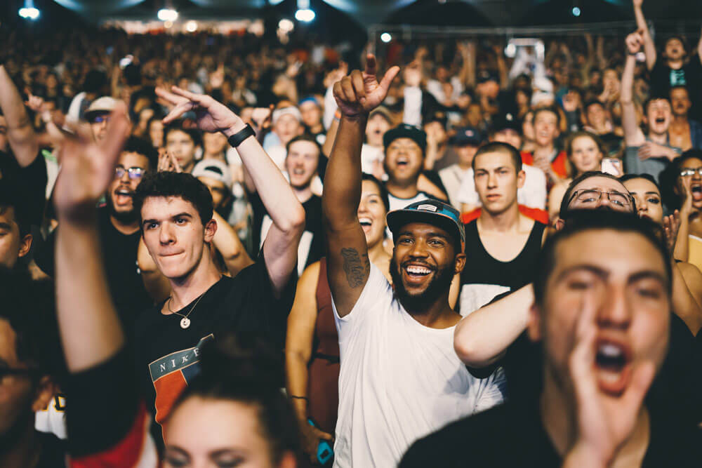 Concert fans excited with their hands up