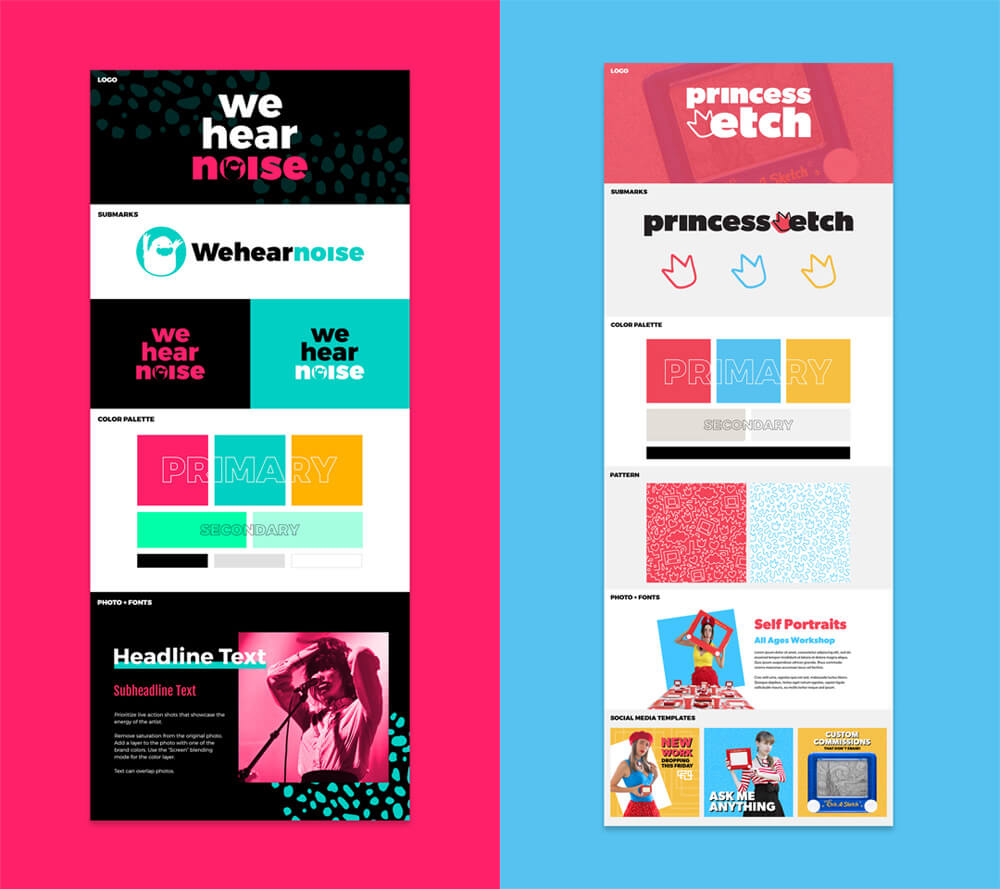 On the left side of the image is music brand, Wehearnoise branding identity design on a pink background. On the right side of the image is creative entrepreneur, Princess Etch's branding identity design elements on a blue background.