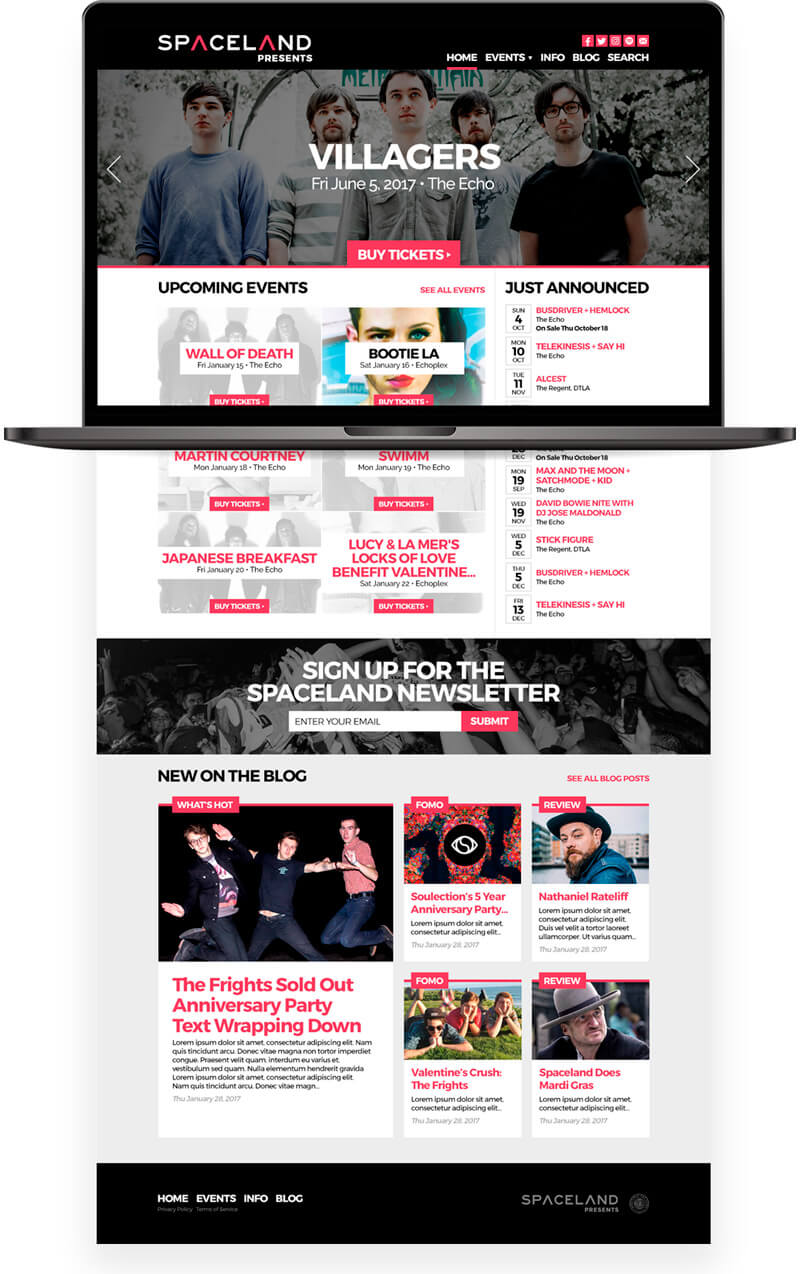 Custom website design for the music brand, Spaceland Presents