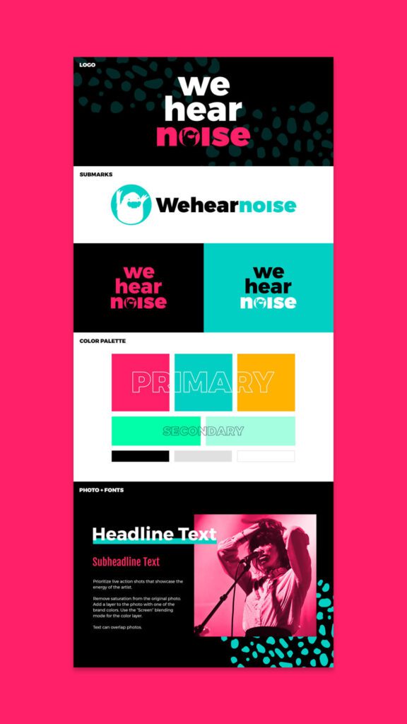 Wehearnoise Music Brand Components - showing the logo design, submarks, color palette, and image treatment with fonts 